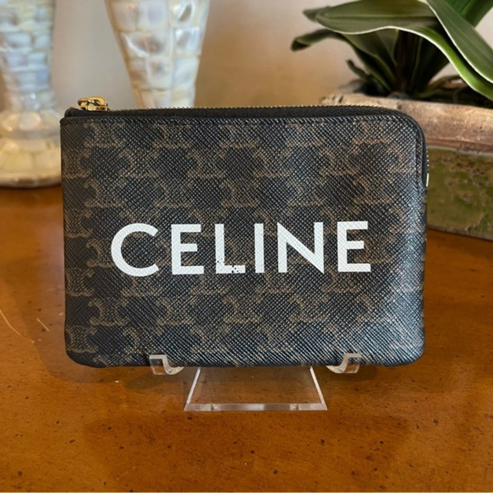 LIKE NEW CELINE Triomphe Logo Macadam PVC Wallet Coin Purse Keychain